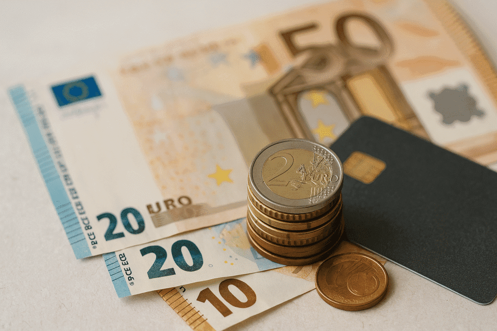 Euro-Münzen und Banknoten mit Kreditkarte als Symbol für Bargeld, Buchgeld und digitalen Euro