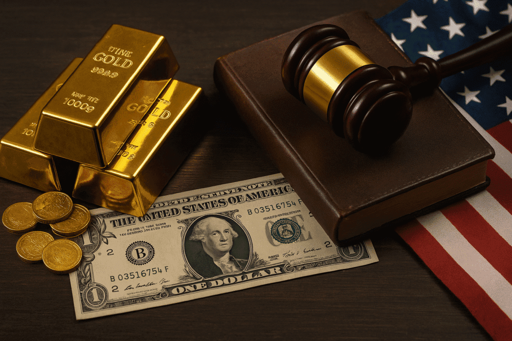 Symbolisches Foto zum Ende des Goldstandards: Goldbarren, US-Dollar, Richterhammer und amerikanische Flagge stehen für den Übergang vom goldgedeckten Geldsystem zum Fiat-Geld nach dem Nixon-Schock 1971.