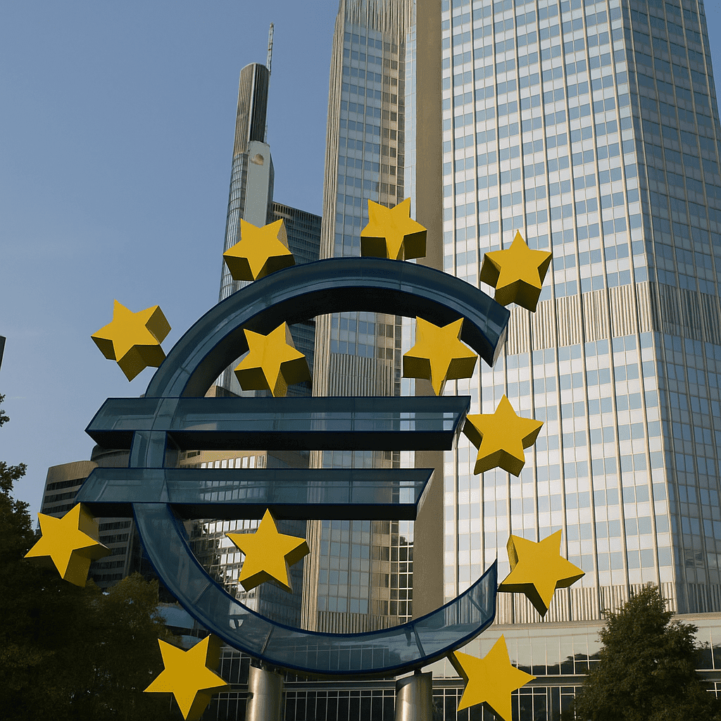 Europäische Zentralbank Frankfurt mit Euro-Skulptur – Symbol für Geldpolitik und Preisstabilität im Euroraum.