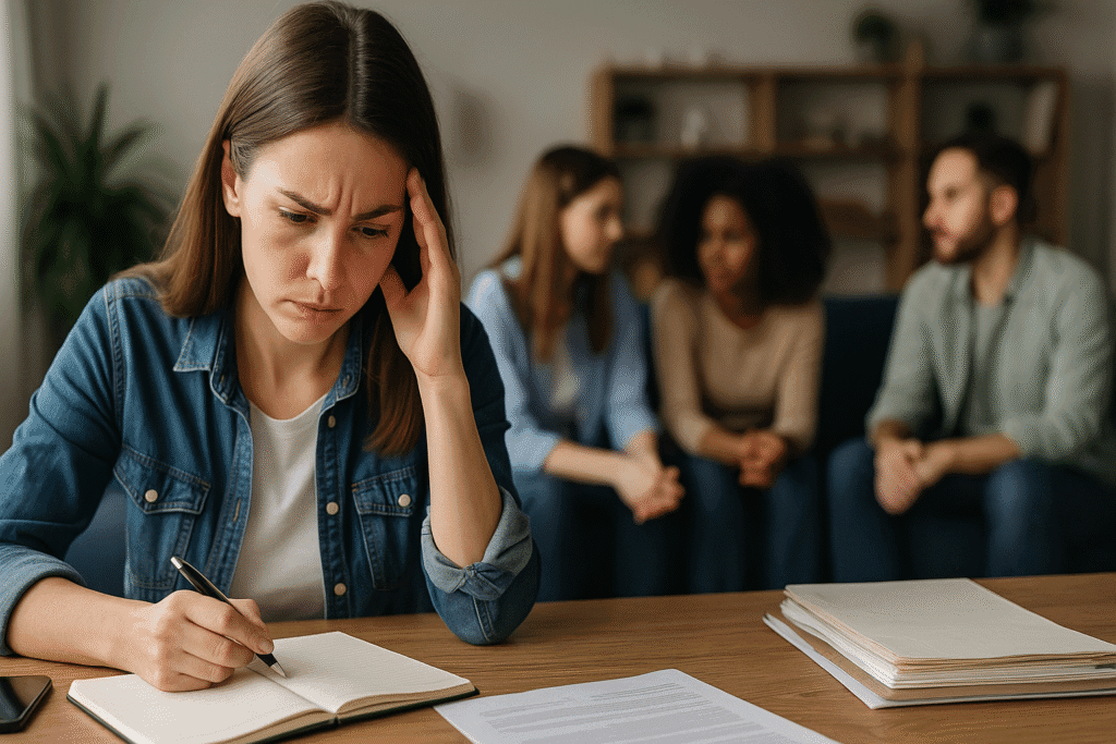 Junge Frau denkt nach, während Freunde im Hintergrund miteinander sprechen – symbolisch für den Einfluss des Umfelds auf Gewohnheiten und Verhalten.