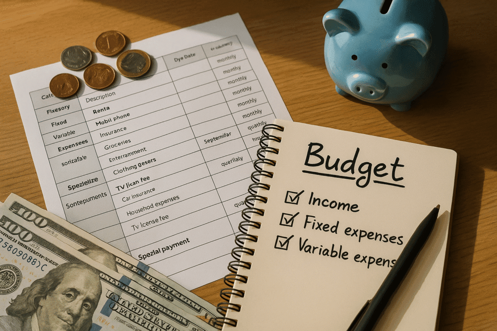 Haushaltsplanung mit Budget-Tabelle, Notizbuch und Sparschwein – symbolisch für strukturierte Finanzplanung und Budgetkontrolle