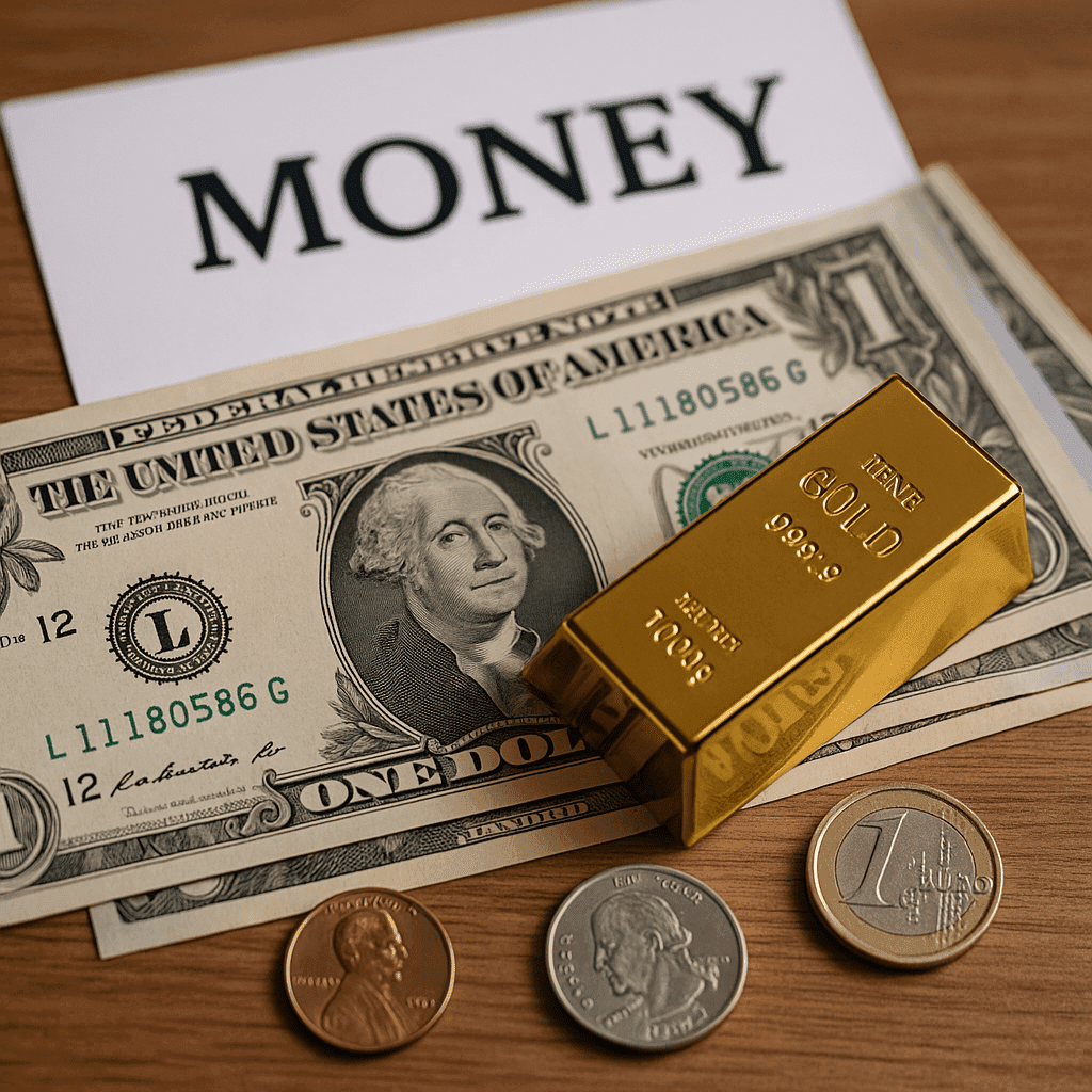 Goldbarren auf Dollar- und Euro-Münzen als Symbol für den Übergang vom Goldstandard zu modernem Geld und Vertrauen in Währungen.