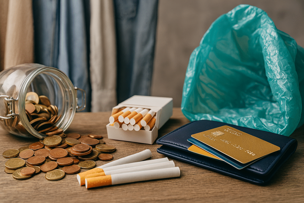 Offenes Glas mit Euro-Münzen, daneben Zigaretten, Kreditkarten und eine Plastiktüte auf einem Holztisch – Symbol für alltägliche Geldfresser und unbewusste Ausgaben.