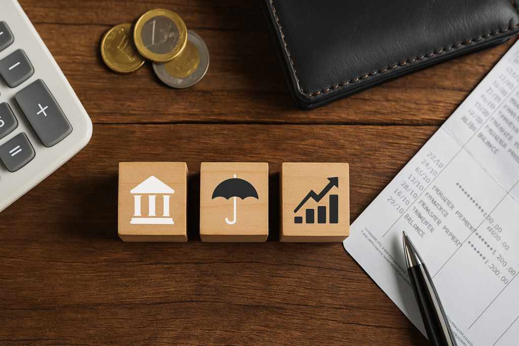 Holzblöcke mit Symbolen für Alltag, Sicherheit und Geldanlage, arrangiert zwischen Geld, Taschenrechner und Kontoauszug als realistische Darstellung des 3-Kontenmodells.