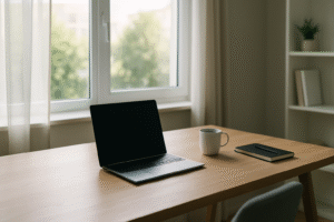 Ein minimalistisches, aufgeräumtes Home-Office, das Klarheit und Fokus vermittelt und zeigt, wie eine ordentliche Umgebung Disziplin und produktivität unterstützen kann.