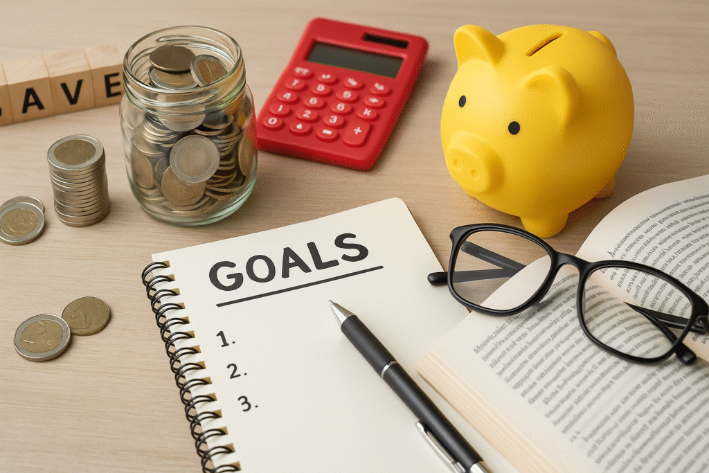 Schreibtisch mit Sparschwein, Münzglas, Taschenrechner und Notizbuch – symbolisch für Finanztipps für junge Leute und den bewussten Umgang mit Geld.