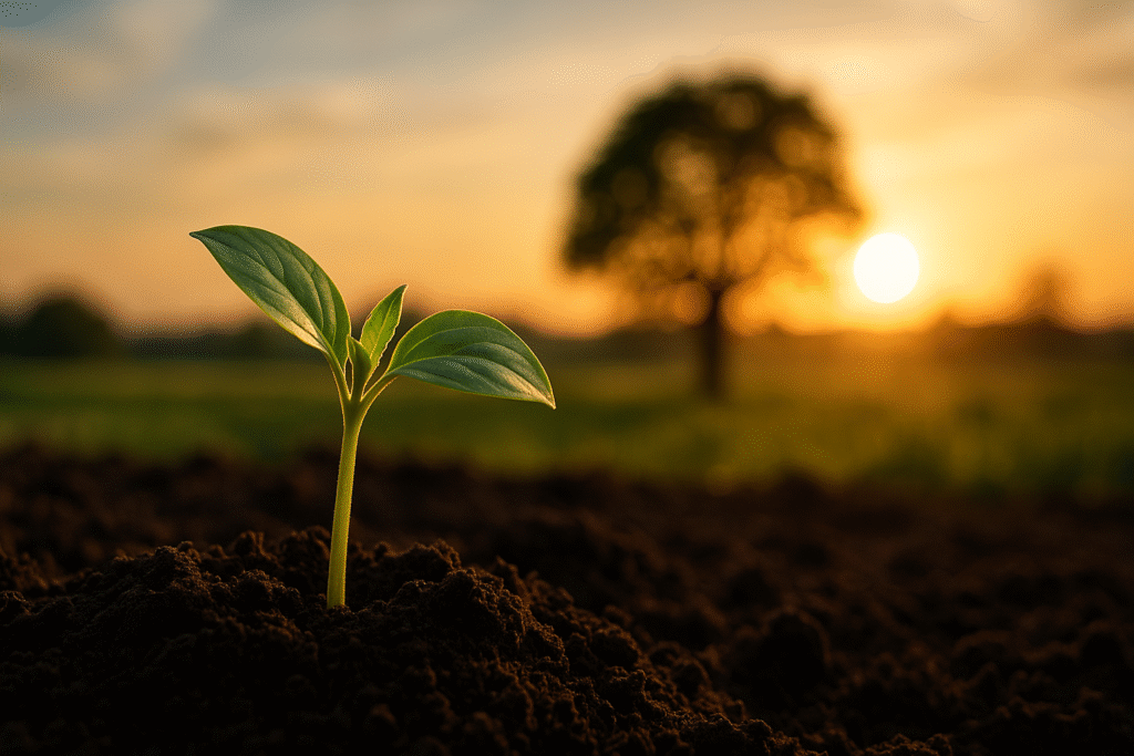 Realistisches Symbolbild: Ein junger Baum wächst im Licht, während im Hintergrund leichte Ablenkungen verschwimmen – Sinnbild für Fokus und Ablenkung im Alltag.