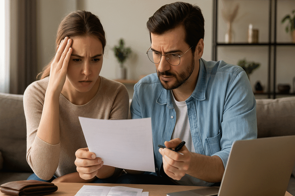 Ein junges Paar sitzt besorgt am Tisch und prüft gemeinsam ihre Finanzen – Symbolbild für Schulden und finanzielle Belastung.