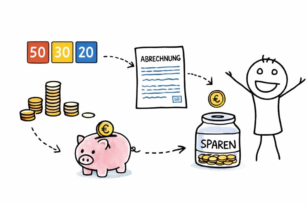 Illustration zeigt systematisches sparen bei schichtarbeit: Geldfluss vom Einkommen über Budgetregel hin zu Rücklagen – geeignet für Menschen mit wechselnder schicht und schwankendem Einkommen.