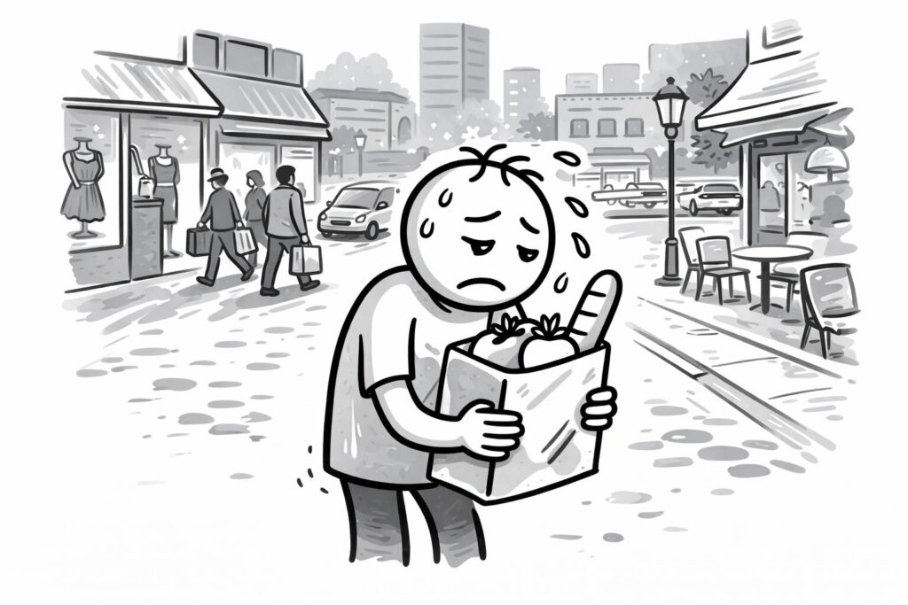 Erschöpfung bei unregelmäßigen Arbeitszeiten – überforderte Person beim Einkaufen in der Stadt