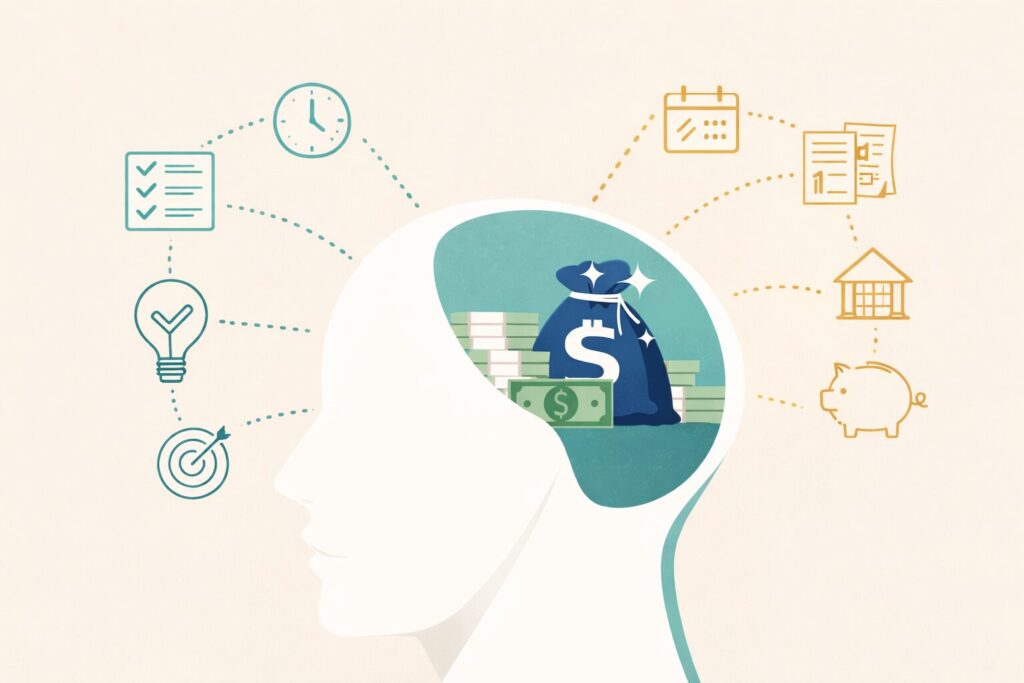 Illustration eines menschlichen Kopfes mit Symbolen für Zeitmanagement, Ziele, Planung und Finanzen, die zeigen, wie klares Denken zu besseren finanziellen Entscheidungen führt.