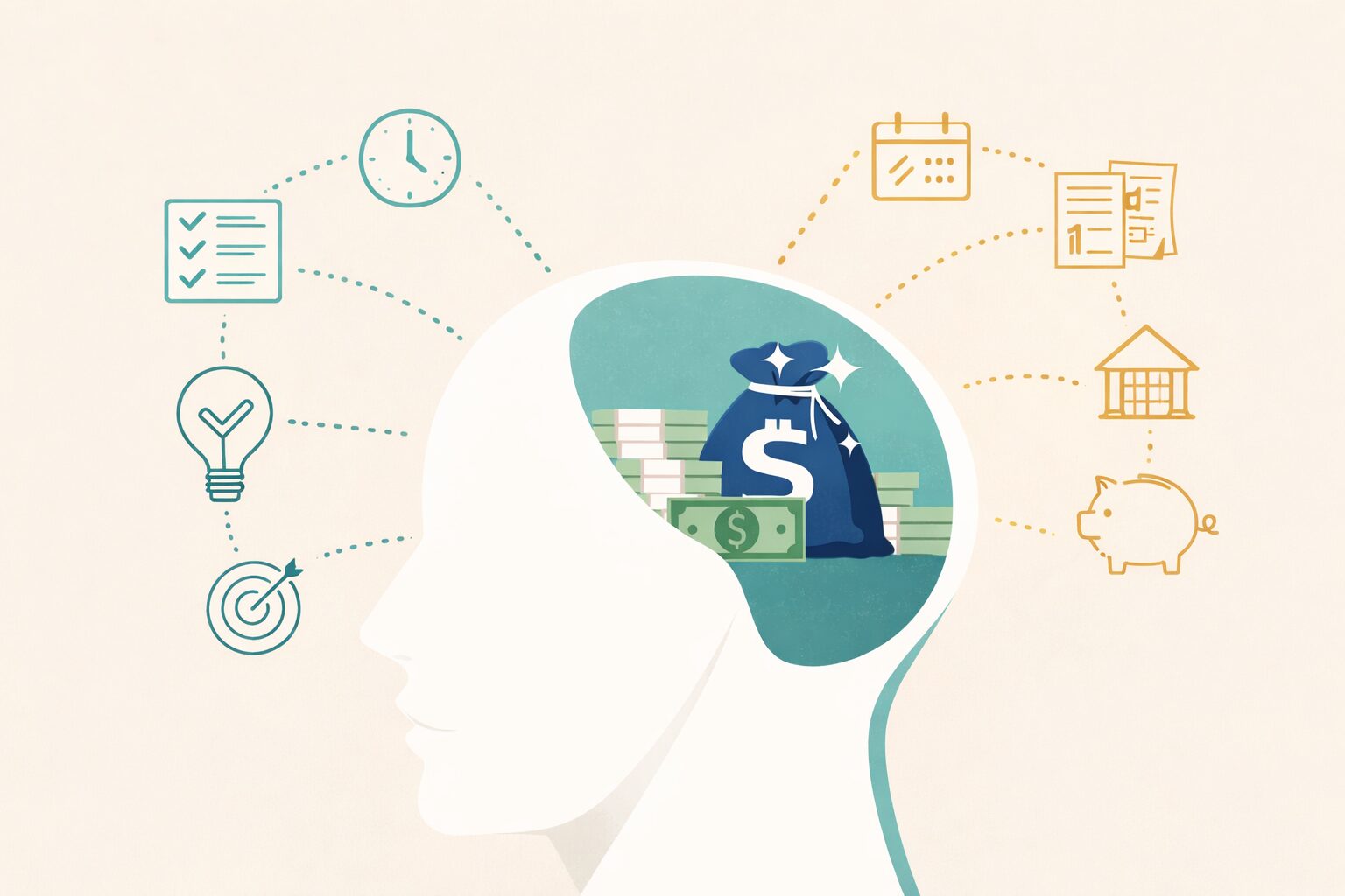 Illustration eines menschlichen Kopfes mit Symbolen für Zeitmanagement, Ziele, Planung und Finanzen, die zeigen, wie klares Denken zu besseren finanziellen Entscheidungen führt.