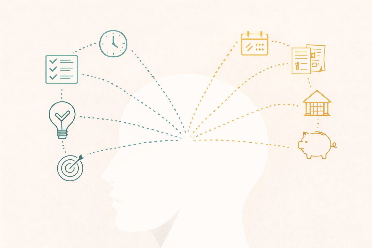 Illustration eines Kopfes, aus dem strukturierte Symbole für Zeit, Planung, Ziele, Sparen und Entscheidungen hervorgehen – Sinnbild für Klarheit, Organisation und bewusstes Handeln.