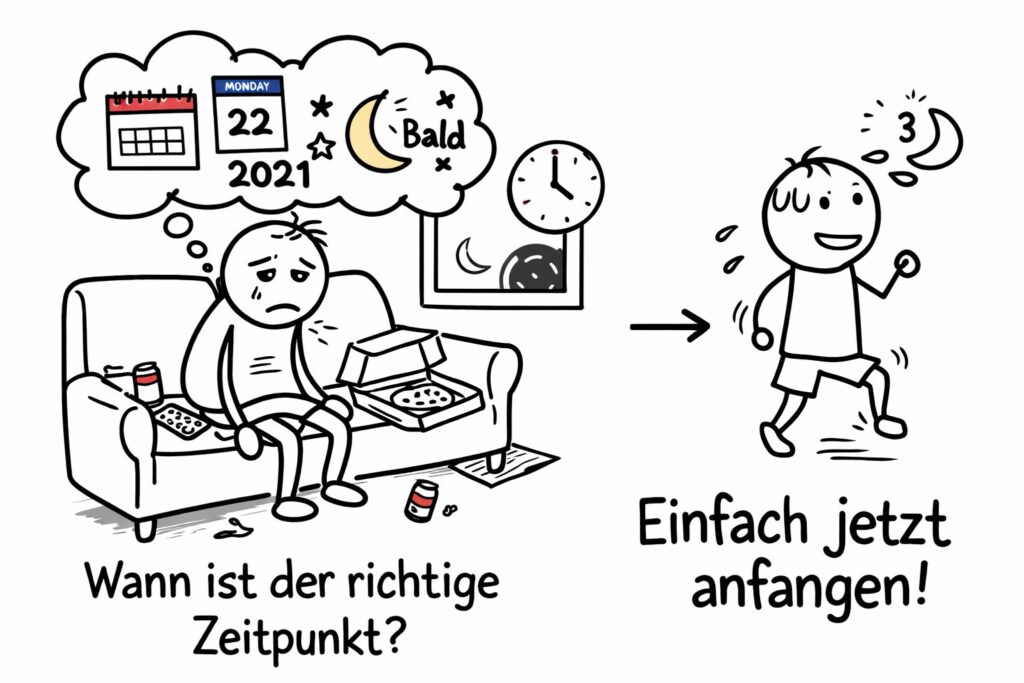 Müde Person sitzt nach einer Nachtschicht auf der Couch und wartet auf den richtigen Zeitpunkt, während eine zweite Figur mit einem kleinen Schritt beginnt, ihr leben verändern zu können.