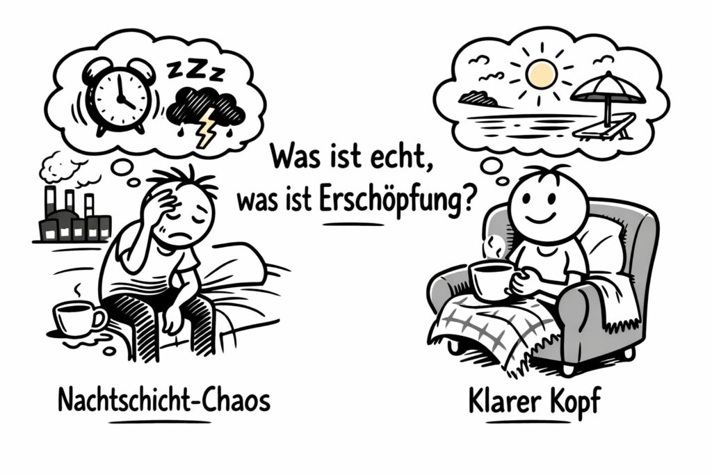 Illustration eines Schichtarbeiters: links erschöpft nach der Nachtschicht mit chaotischen Gedanken, rechts ruhig mit klarem Kopf – Gedanken im Schichtdienst verstehen.