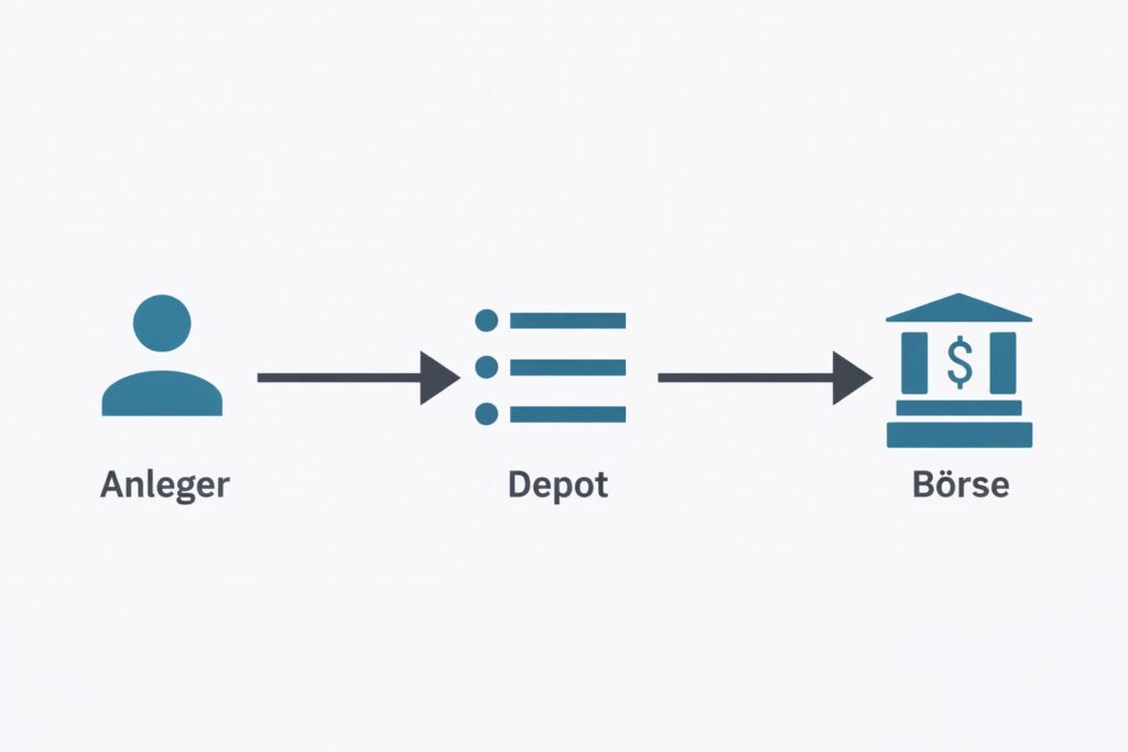 Grafische Darstellung: Anleger gibt über ein Depot einen Kaufauftrag an die Börse weiter, wo Wertpapiere gekauft und im Depot verbucht werden.
