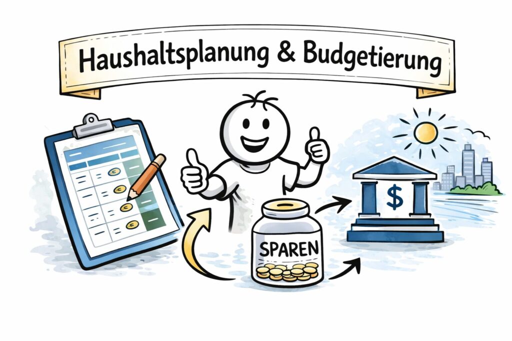 Illustration zur Haushaltsplanung: Person plant Finanzen mit Budgettabelle, Sparglas und Bankgebäude als Symbol für strukturierte Haushaltsplanung und Vermögensaufbau