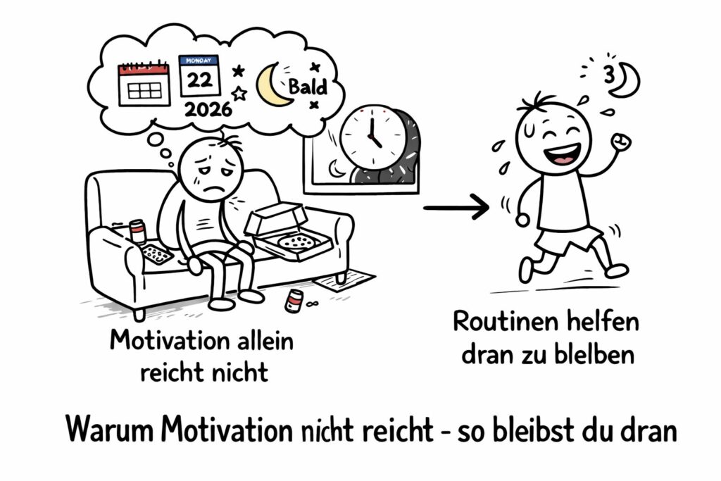Illustration zeigt: Motivation allein reicht nicht – Routinen helfen dranzubleiben trotz Stress