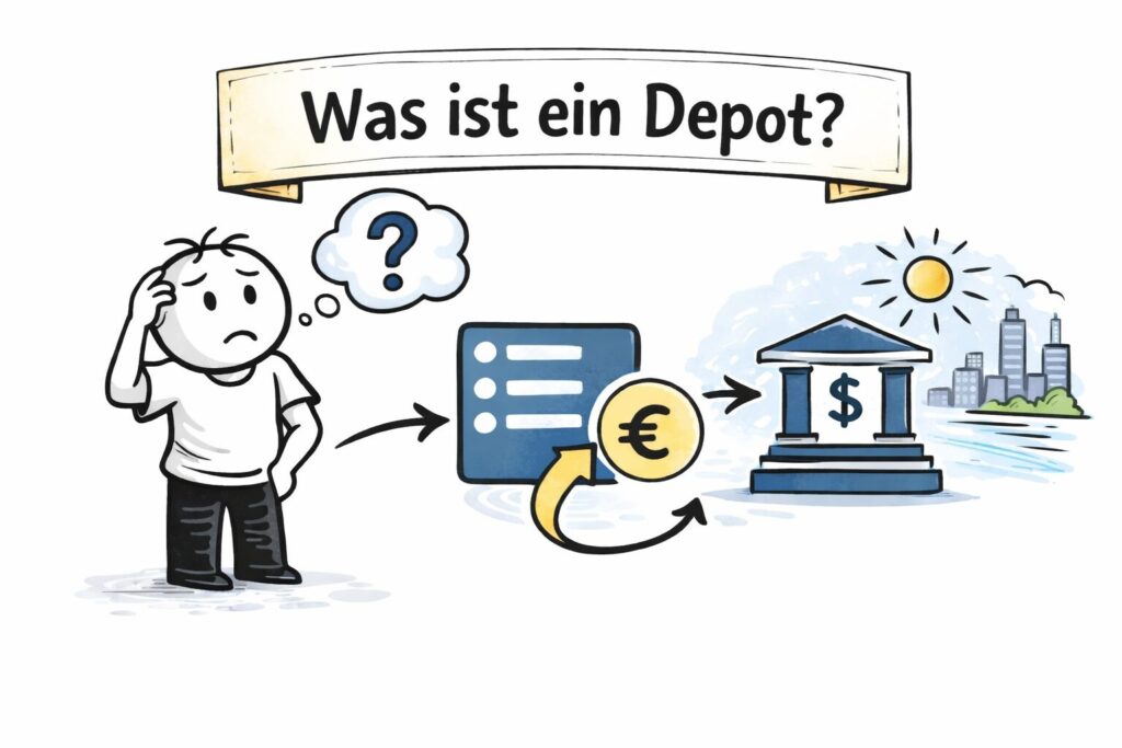 Schematische Darstellung eines Depots: Ein Anleger gibt einen Kaufauftrag, dieser wird über das Depot an die Börse weitergeleitet und die Wertpapiere anschließend im Depot verwahrt.