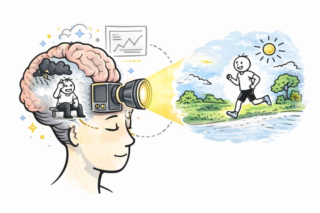 Illustration einer Person, die nachdenklich innere Bilder visualisiert und zeigt, wie Gedanken Wahrnehmung, Entscheidungen und Realität beeinflussen