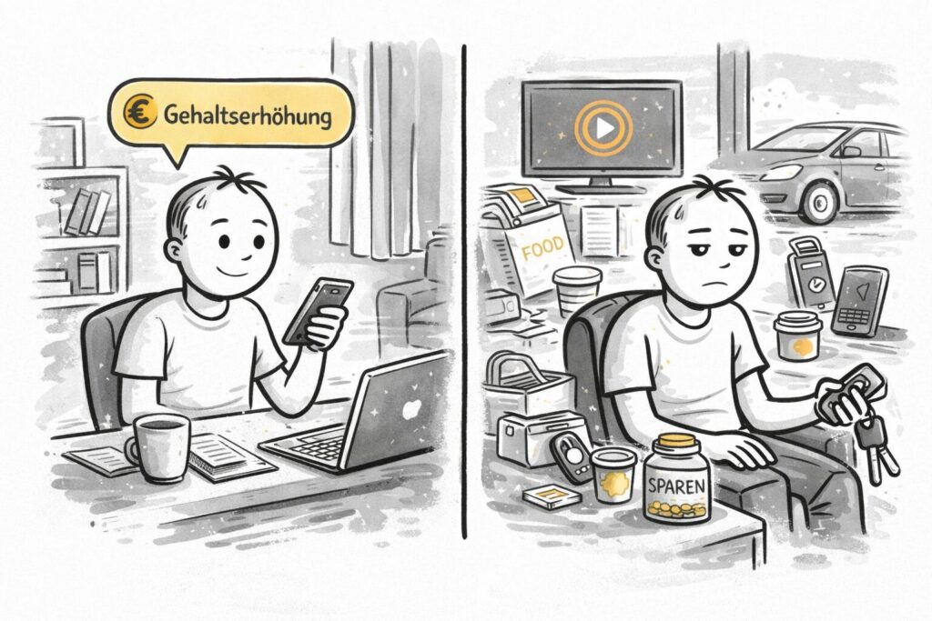 Illustration zur Lifestyle-Inflation: Eine Person erhält eine Gehaltserhöhung, passt ihren Lebensstil an und gibt mehr Geld aus, ohne langfristig Vermögen oder finanzielle Freiheit aufzubauen.